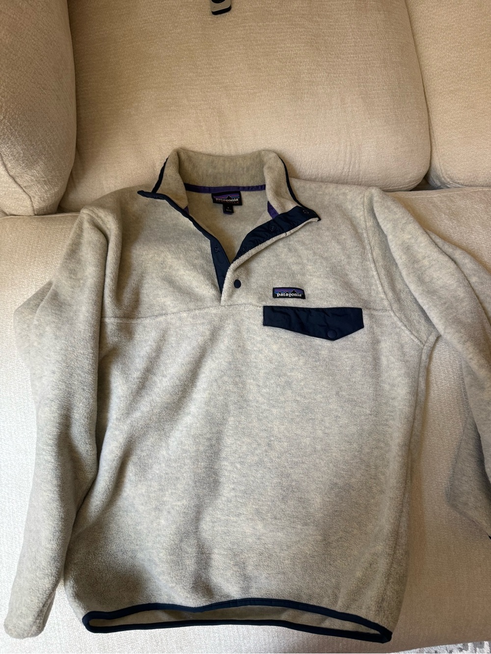 Patagonia Men's Heather Gray Synchilla Fleece Pullover with Navy Accents